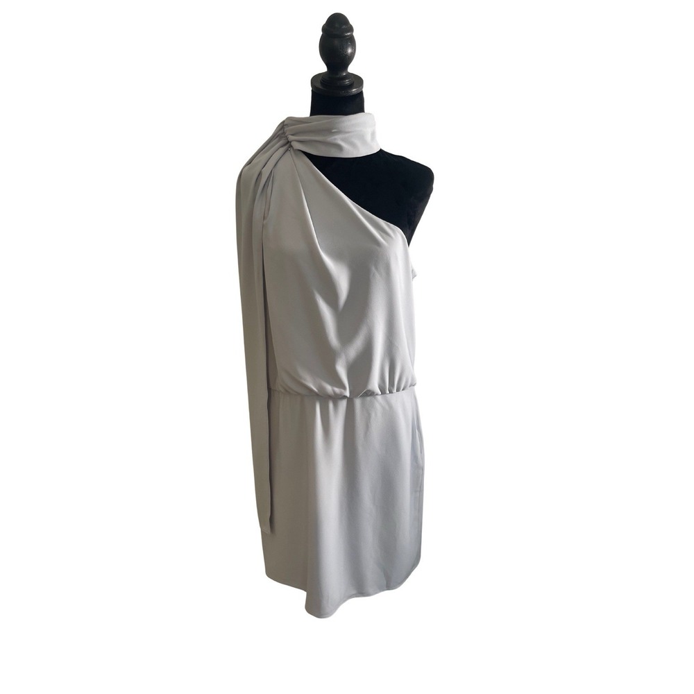 HALSTON Women Light Grey One Shoulder Scarf Neck Mini Cocktail Dress‎ Nordic NWT